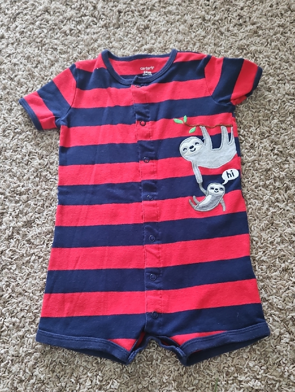 Carter's Red & Navy Striped Sloth Romper